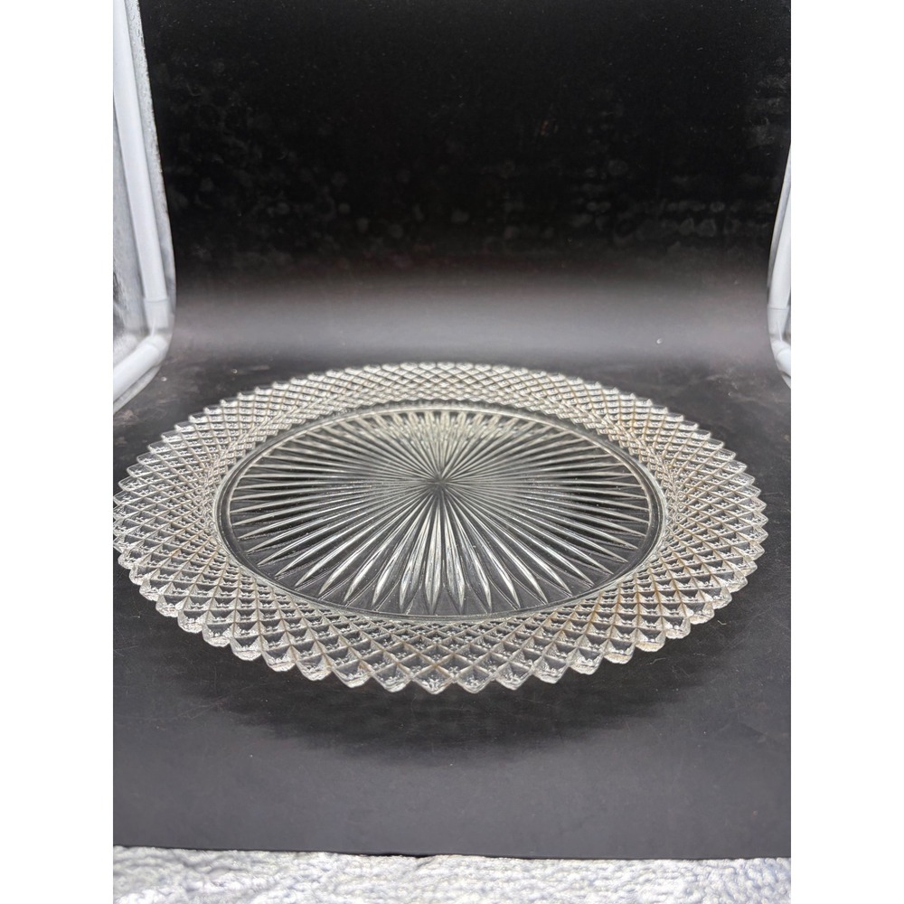 Vintage Clear Pressed Glass Sunburst Diamond Point Scalloped Cake Plate 11.25in